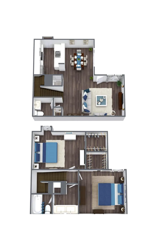 Floor plan for 2 beds, 2 baths, 1048 sqft